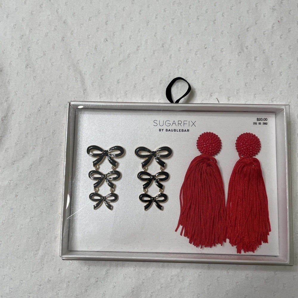 Sugarfix by Baublebar Earrings 2 Pair Black Bow Dangle And Red Tassel New In Box